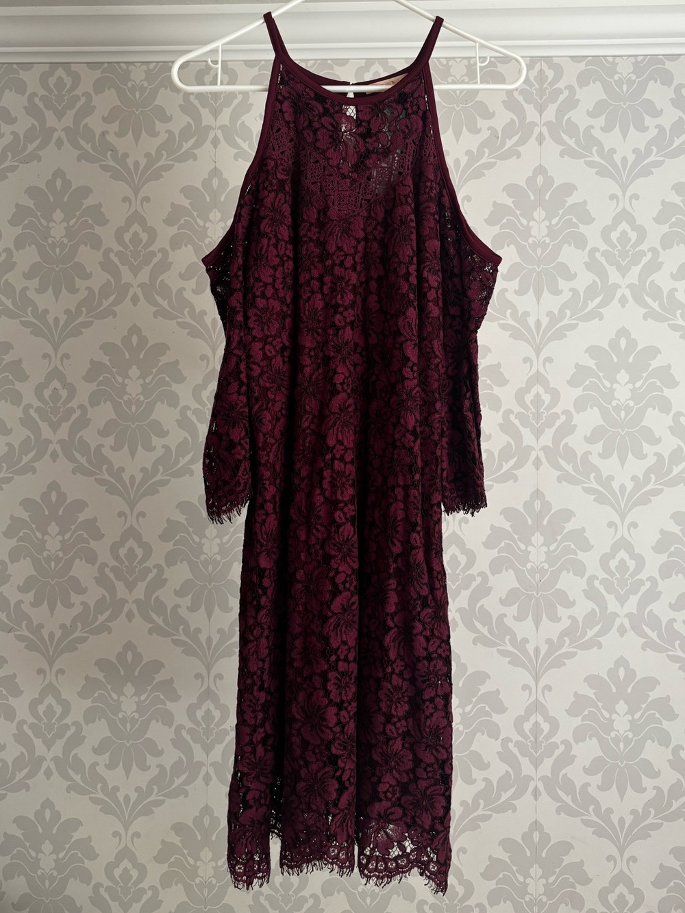 Skies Are Blue Burgundy Lace Crochet Cold-Shoulder Midi Dress